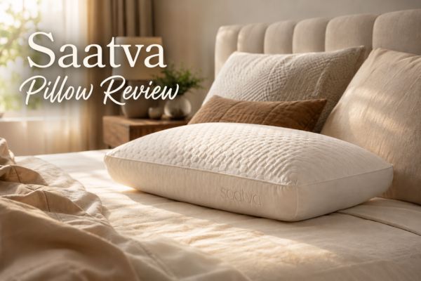 My Honest Saatva Pillow Review (After 60 Nights of Real Sleep Testing) 1 Saatva latex pillow on a luxury bed in bright natural morning light