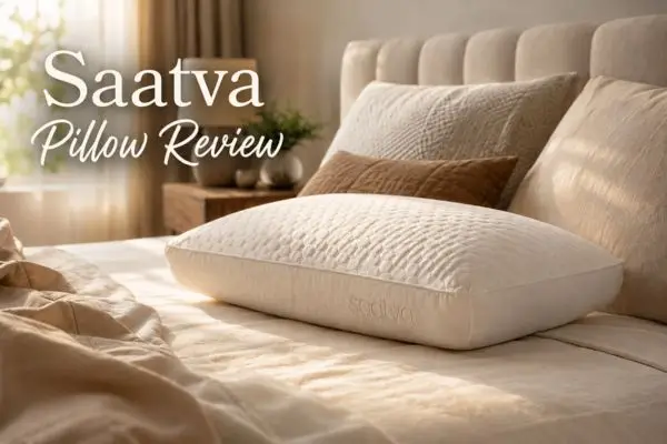 Saatva latex pillow on a luxury bed in bright natural morning light
