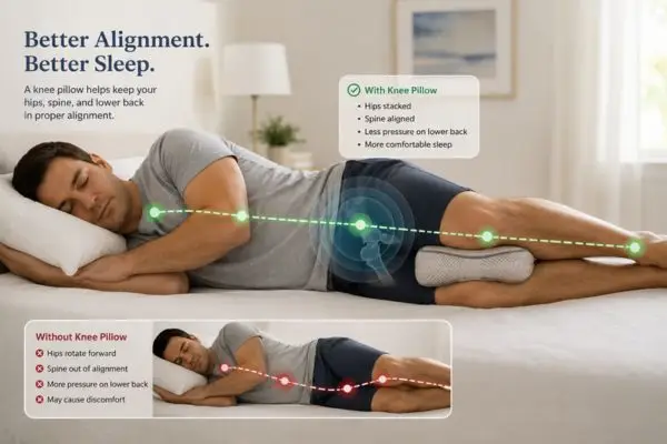 Best Knee Pillows for Side Sleepers (2026 Guide + Real Case Studies) 3 Knee pillow supporting hip alignment for sciatica relief