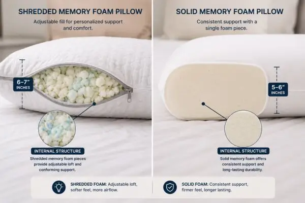 Shredded and solid memory foam pillow loft comparison for side sleepers

