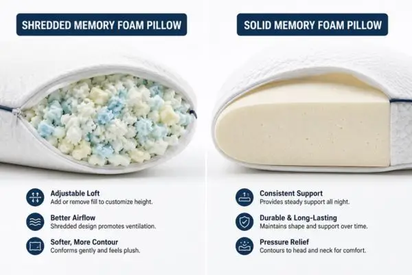 Shredded and solid memory foam pillow comparison for neck pain

