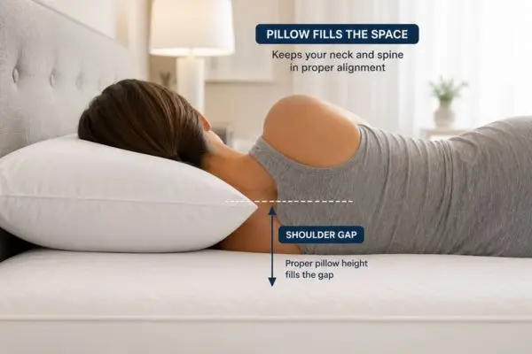 Best Hotel Pillows for Side Sleepers (2026 Guide + Real Testing) 4 Hotel pillow filling shoulder gap for side sleeper support