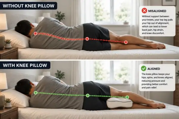 Best Knee Pillows for Side Sleepers (2026 Guide + Real Case Studies) 2 Comparison of spinal alignment with and without knee pillow