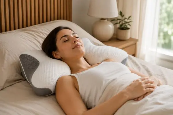 Sutera Pillow Review (2026): My Honest Experience After 45 Nights 3 Back sleeper resting comfortably on Sutera memory foam pillow with proper neck support