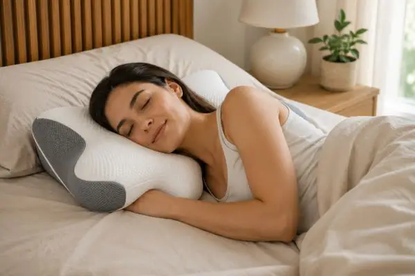 Sutera Pillow Review (2026): My Honest Experience After 45 Nights 4 Side sleeper testing Sutera pillow with arm resting in contour groove