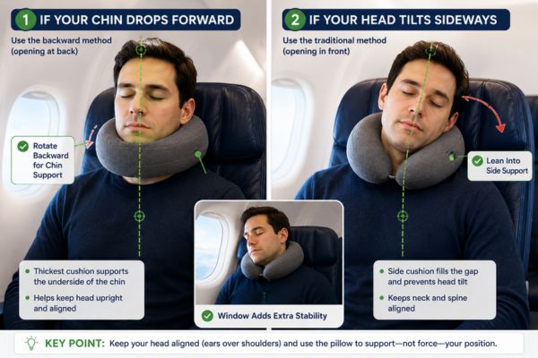Correct way to position a travel neck pillow for forward chin drop and sideways head tilt

