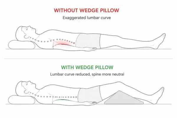 Pelvic tilt adjustment using wedge pillow for lower back pain