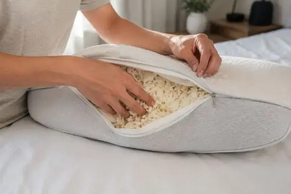 Adjusting shredded latex fill inside Eli & Elm Cotton Pillow

