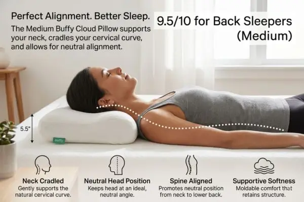 My 90-Night Love Affair with the Buffy Cloud Pillow: Why This Eco-Friendly Pillow Changed My Mind About Sustainability 5 Back sleeper with Medium Buffy Cloud Pillow showing perfect neck support and neutral alignment rated 9.5/10