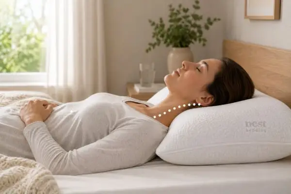Back sleeper with Nest Bedding Easy Breather pillow demonstrating neutral neck alignment and support