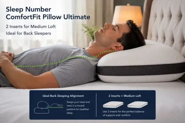 Back sleeper with Sleep Number ComfortFit Pillow Ultimate using two inserts for proper neck alignment