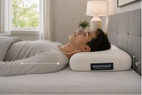 Side view photograph of a person lying on their back on a bed with the Weekender gel memory foam pillow supporting their head and neck. Clear view of proper spinal alignment with the pillow. Person wearing comfortable sleepwear, peaceful sleeping expression. Bedroom environment with soft morning light. Focus on the neck and head position showing the 5-inch loft and support. Professional lifestyle photography, natural colors, calming atmosphere.