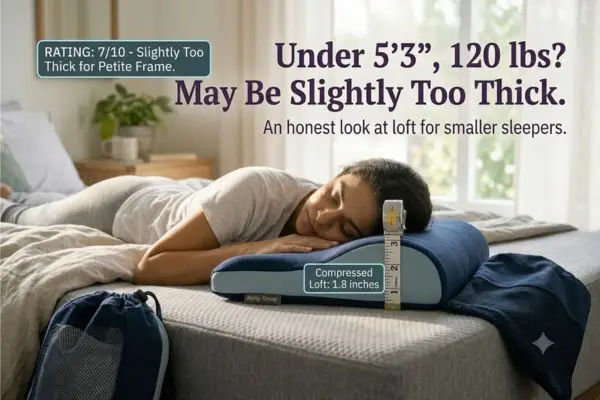 Petite sleeper case study showing Belly Sleep Pillow slightly too thick at 1.8-inch compression for small frames
