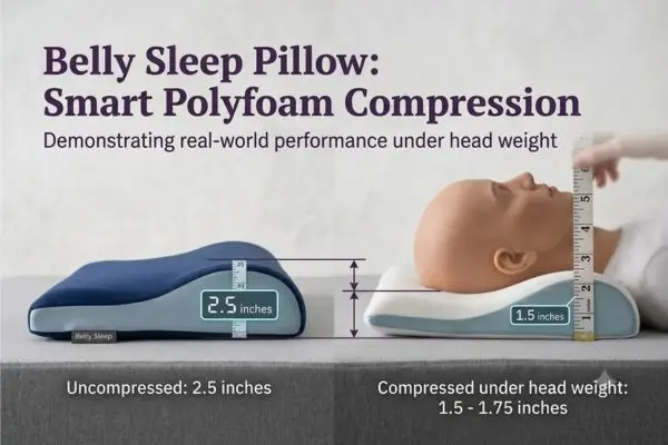 Belly Sleep Pillow compression from 2.5 inches to 1.5 inches under head weight demonstration