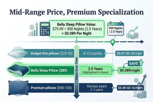Belly Sleep Pillow cost per night value analysis showing $0.089 per night over 2.5-year lifespan