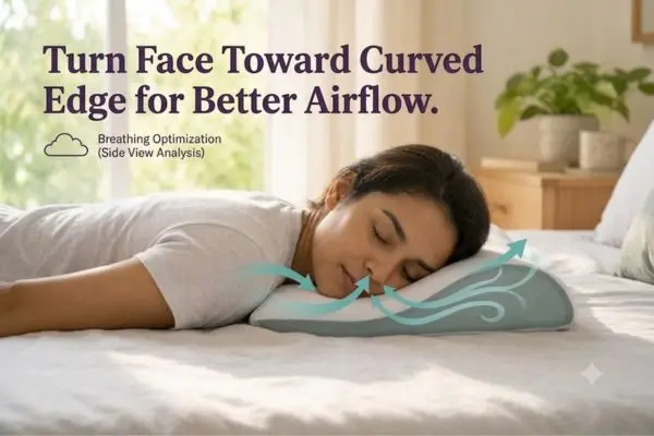 Belly Sleep Pillow curved edge design optimizing breathing when face turned to side during stomach sleeping
