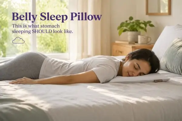 Person sleeping on stomach with Belly Sleep Pillow showing proper 2.5-inch low profile and neutral neck alignment