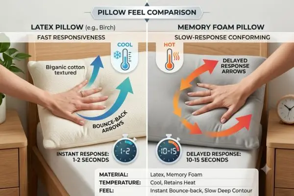 Comparison chart showing Birch latex pillow instant bounce versus memory foam slow sink response time