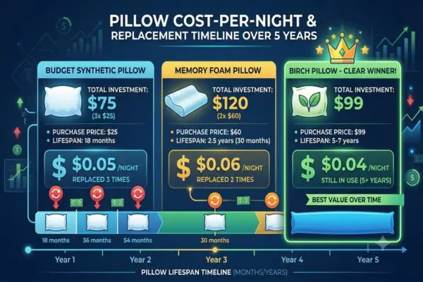 Birch pillow cost analysis showing $0.04 per night over 5-7 years versus budget pillow costs