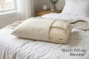 Birch organic pillow with natural latex and wool on white linen bedding showing eco-friendly materials