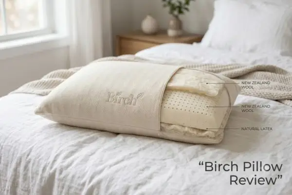 Birch organic pillow with natural latex and wool on white linen bedding showing eco-friendly materials