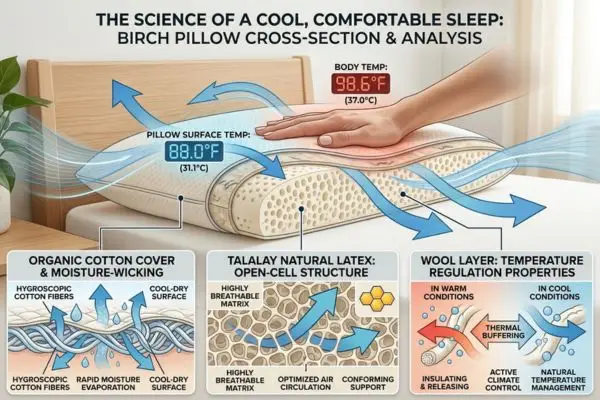 Birch pillow temperature regulation infographic showing airflow, cooling performance, and breathability