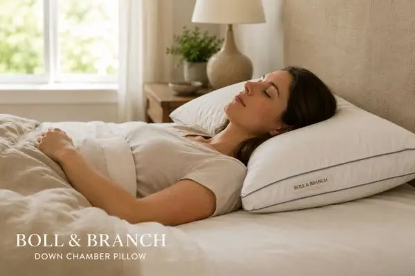 Boll & Branch Down Chamber Pillow Review (2026 Guide + 90‑Night Real Test) 4 Back sleeper using Boll & Branch Down Chamber Pillow