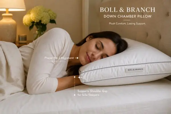 Boll & Branch Down Chamber Pillow Review (2026 Guide + 90‑Night Real Test) 3 Side sleeper using Boll & Branch Down Chamber Pillow for alignment