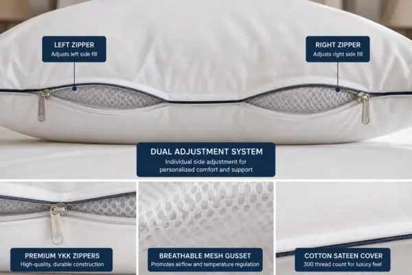 Brooklinen Marlow pillow dual side zipper system close-up showing adjustment mechanism and breathable mesh gusset

