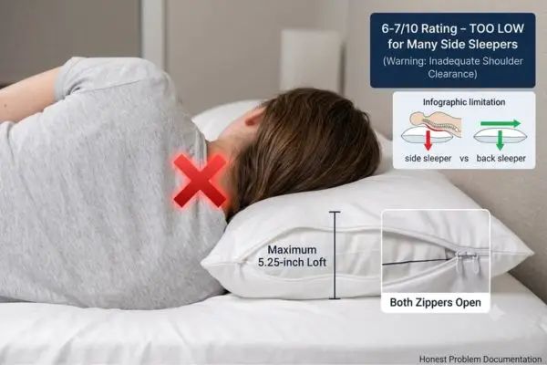 Side sleeping on Brooklinen Marlow pillow maximum 5.25-inch loft showing too low for proper shoulder clearance rated 6-7/10 inadequate for many