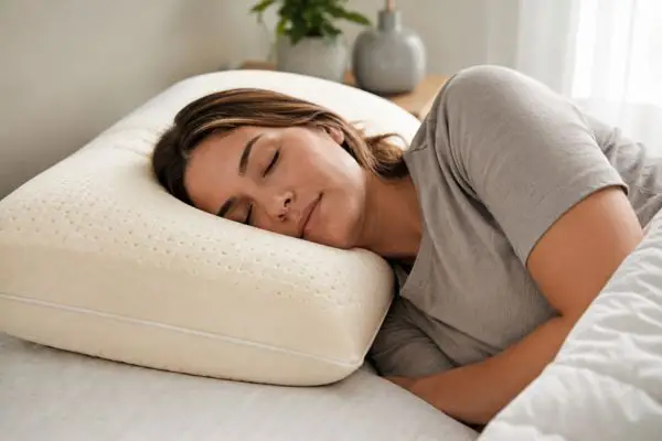 Brooklyn Bedding Talalay Latex Pillow Review (2026 Guide + Real Testing) 6 Side sleeper using Brooklyn Bedding Talalay latex pillow for alignment