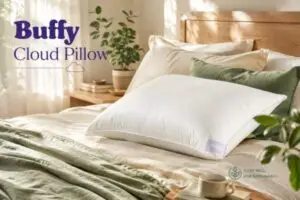 Buffy Cloud Pillow with eucalyptus cover on eco-friendly bed in sustainable modern bedroom