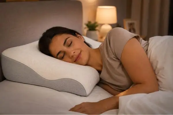 Side sleeper using Eli & Elm Cotton Pillow for proper spinal alignment

