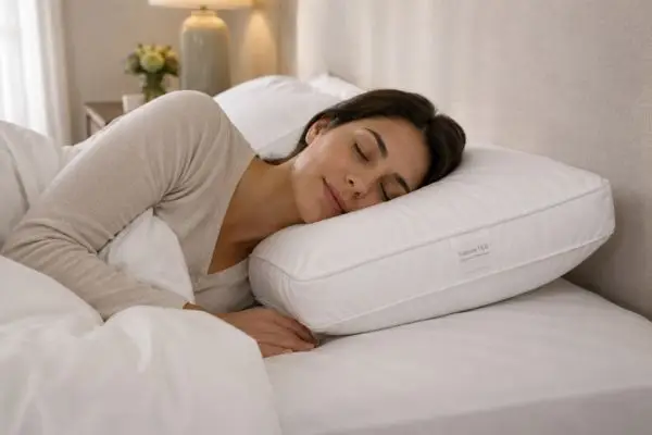 Side sleeper using Garnet Hill Signature White Down Pillow for alignment

