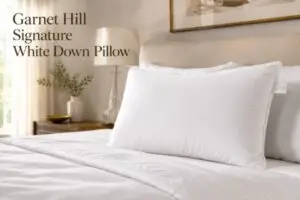 Garnet Hill Signature White Down Pillow displayed on luxury white bedding