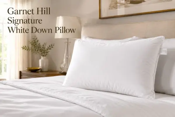 Garnet Hill Signature White Down Pillow displayed on luxury white bedding