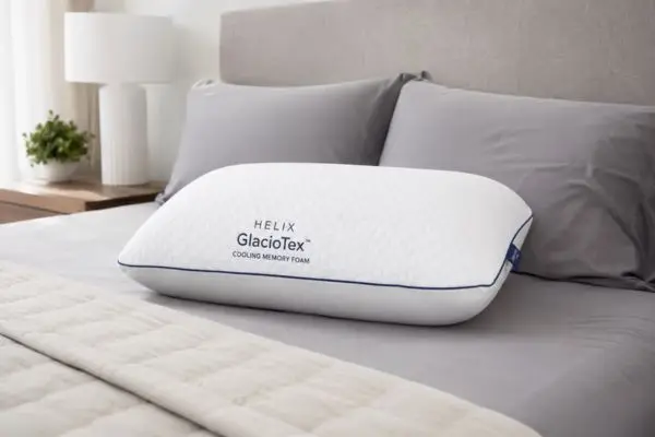 Helix GlacioTex Cooling Memory Foam Pillow displayed on modern bed
