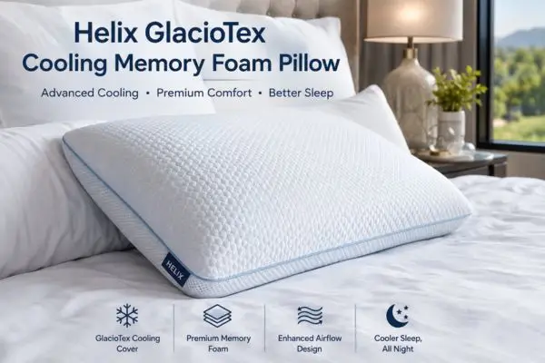 Helix GlacioTex Cooling Memory Foam Pillow with proprietary cooling fabric on white bedding for hot sleepers review
