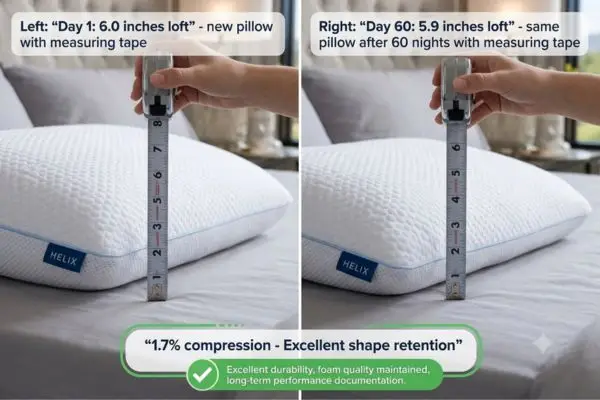 My 60-Night Journey with the Helix GlacioTex™ Cooling Memory Foam Pillow: When Premium Price Meets Genuine Cooling Performance 5 Helix GlacioTex pillow durability test showing excellent 1.7% compression after 60 nights maintaining 5.9-inch loft