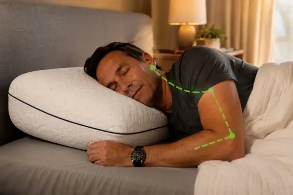 Side sleeper using Helix GlacioTex Cooling Memory Foam Pillow for alignment

