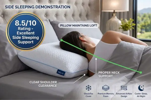 My 60-Night Journey with the Helix GlacioTex™ Cooling Memory Foam Pillow: When Premium Price Meets Genuine Cooling Performance 4 Side sleeping on Helix GlacioTex Cooling pillow with 6-inch loft showing proper spine alignment and excellent neck support rated 8.5/10
