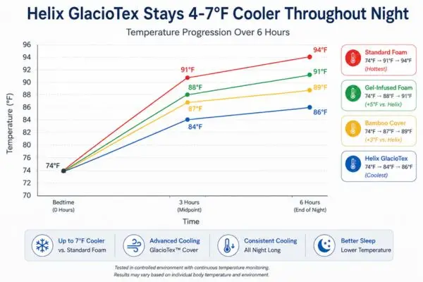 My 60-Night Journey with the Helix GlacioTex™ Cooling Memory Foam Pillow: When Premium Price Meets Genuine Cooling Performance 3 Helix GlacioTex cooling pillow temperature comparison chart showing 4-7°F cooler performance versus gel foam bamboo and standard pillows over 6 hours