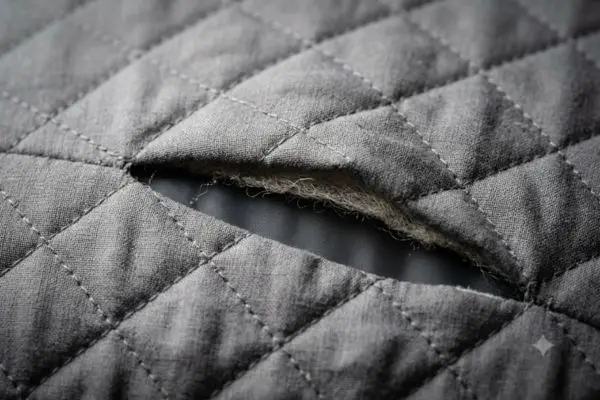 Close-up macro view of the diamond-quilted polyester fabric cover on the Klymit LUXE pillow.