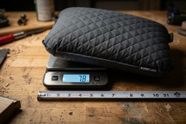 Klymit LUXE camping pillow on a digital kitchen scale showing 7.8 ounces alongside a measuring tape.