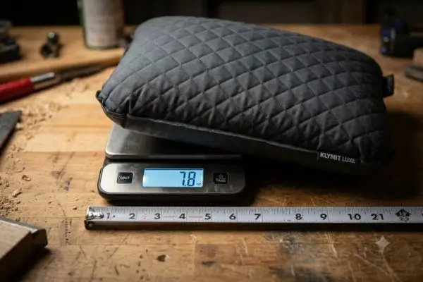 Klymit LUXE camping pillow on a digital kitchen scale showing 7.8 ounces alongside a measuring tape.