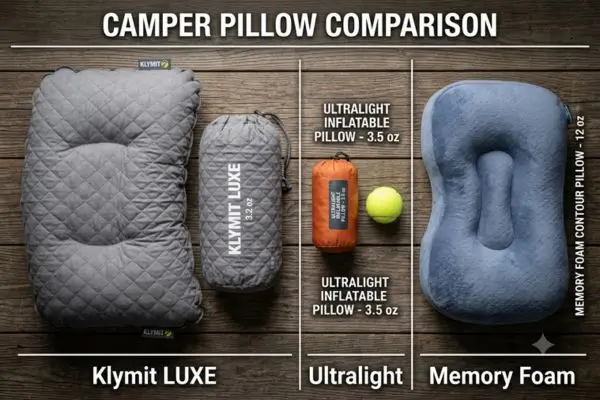 Side-by-side comparison of the Klymit LUXE pillow, a tiny ultralight inflatable, and a memory foam pillow.