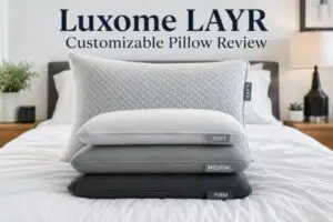 Luxome LAYR customizable pillow with three separate inserts soft medium firm showing adjustable configuration system