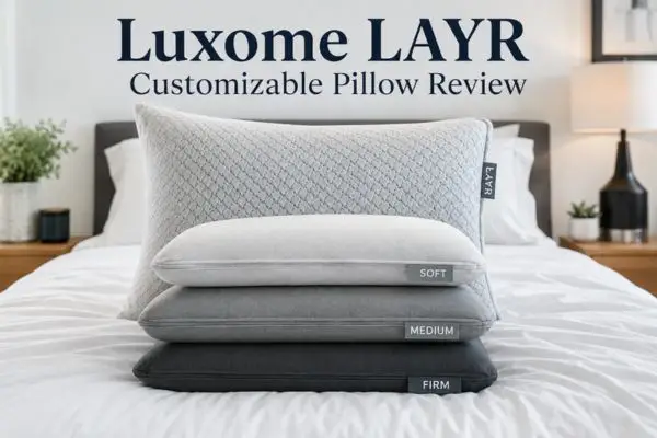 Luxome LAYR customizable pillow with three separate inserts soft medium firm showing adjustable configuration system