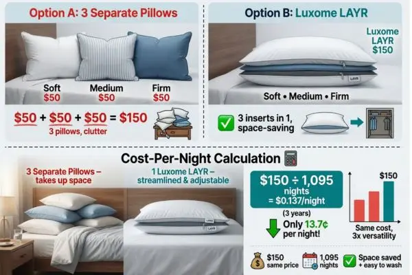 Luxome LAYR pillow price value comparison showing $150 cost versus buying three separate firmness pillows