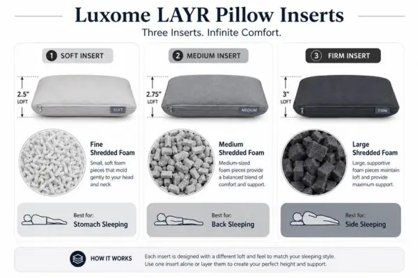 Luxome LAYR pillow three inserts detailed breakdown showing soft medium firm loft measurements and foam types